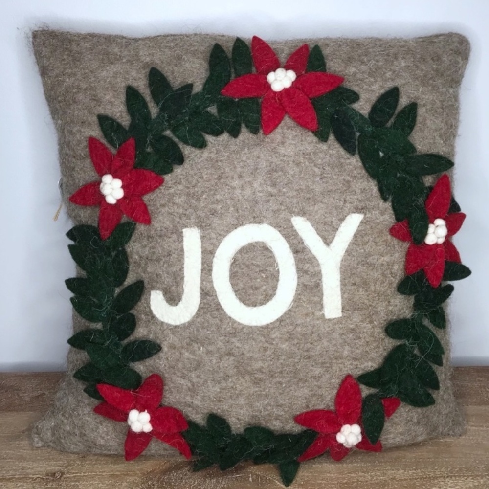 NWT ARCADIA HOME “Joy” Hand Felted Wool Christmas Pillow